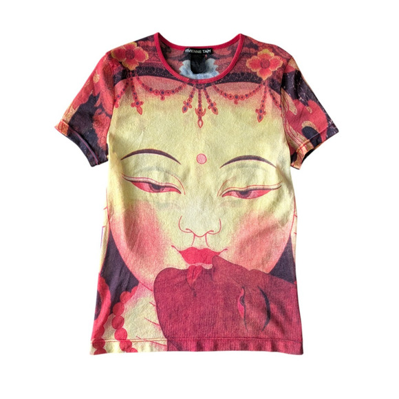 Vivienne Tam Buddha 90s Y2K Mesh Short Sleeve Top Size XS Small Rare Nylon Red - Picture 1 of 11